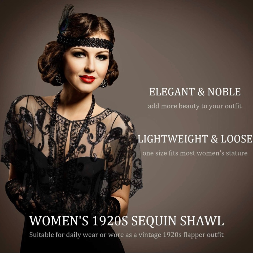 Women's 1920s Sequin Shawl Wrap / Shawl Cover up/ Beaded Evening Cape